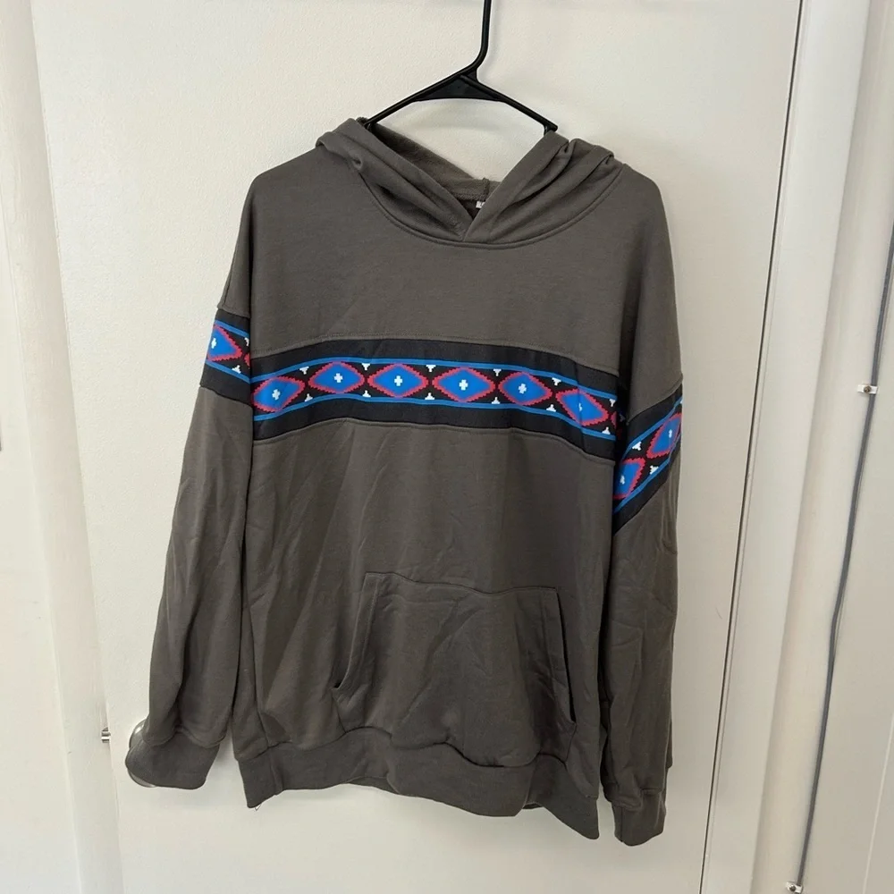 Men's Gray Hoodie with Blue and Red Pattern - Picture 1 of 3